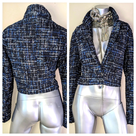 "Bagatelle Collection" TWeed Cropped Dark Academia Sparkling One Button Jacket - Picture 3 of 10